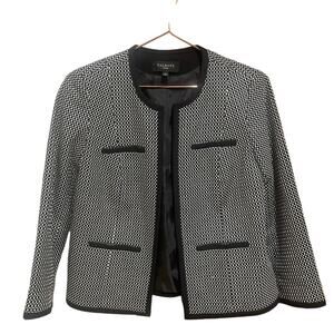 Talbots collarless black and white open front jacket blazer size 2 petite